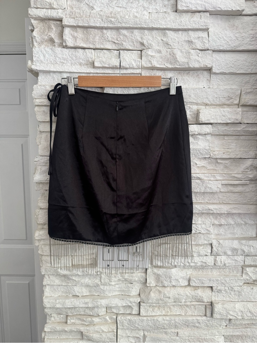 Supeddown Black Satin Fringe Wrap Mini Skirt - Picture 3 of 4
